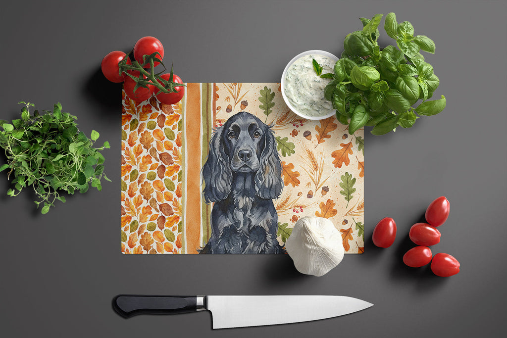 Black English Cocker Spaniel Heirloom Fall Cutting Board Tempered Glass Kitchen Cutting Surface, Heat Resistant Chopping, Non-Slip Feet, Food Prep & Serving