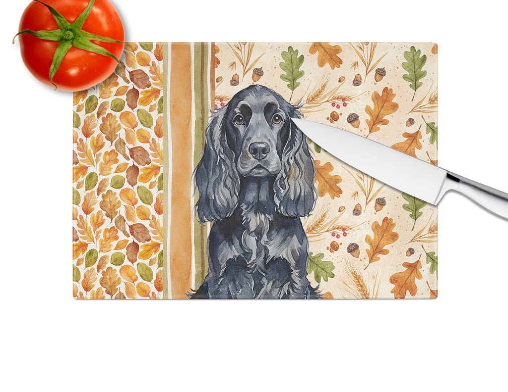 Black English Cocker Spaniel Heirloom Fall Cutting Board Tempered Glass Kitchen Cutting Surface, Heat Resistant Chopping, Non-Slip Feet, Food Prep & Serving