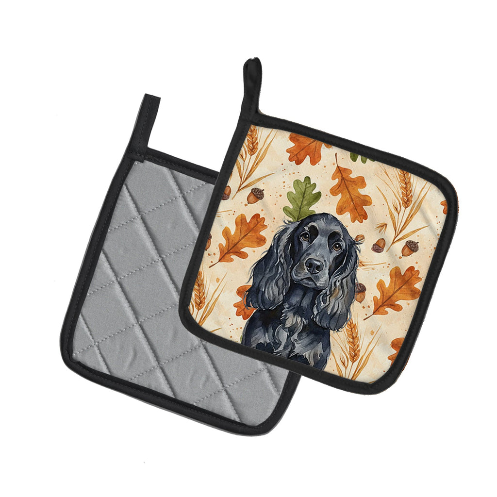 Black English Cocker Spaniel Heirloom Fall Pot Holder Set of 2 Heat Resistant Quilted Hot Pads 7.5 x 7.5 Inch, Insulated Kitchen Trivets for Cooking & Baking