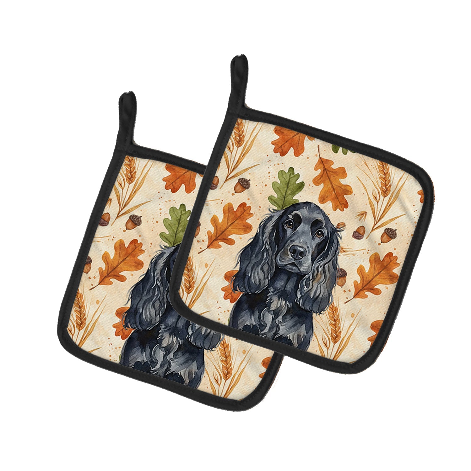 Black English Cocker Spaniel Heirloom Fall Pot Holder Set of 2 Heat Resistant Quilted Hot Pads 7.5 x 7.5 Inch, Insulated Kitchen Trivets for Cooking & Baking