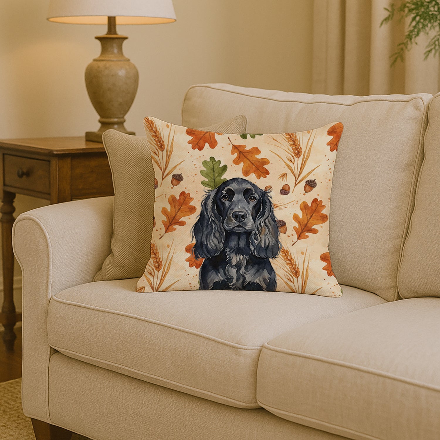 Black English Cocker Spaniel Heirloom Fall Decorative Throw Pillow 14x14 Indoor Outdoor Accent Cushion, Fabric Cover with Insert for Sofa, Bed, Porch & Living Room
