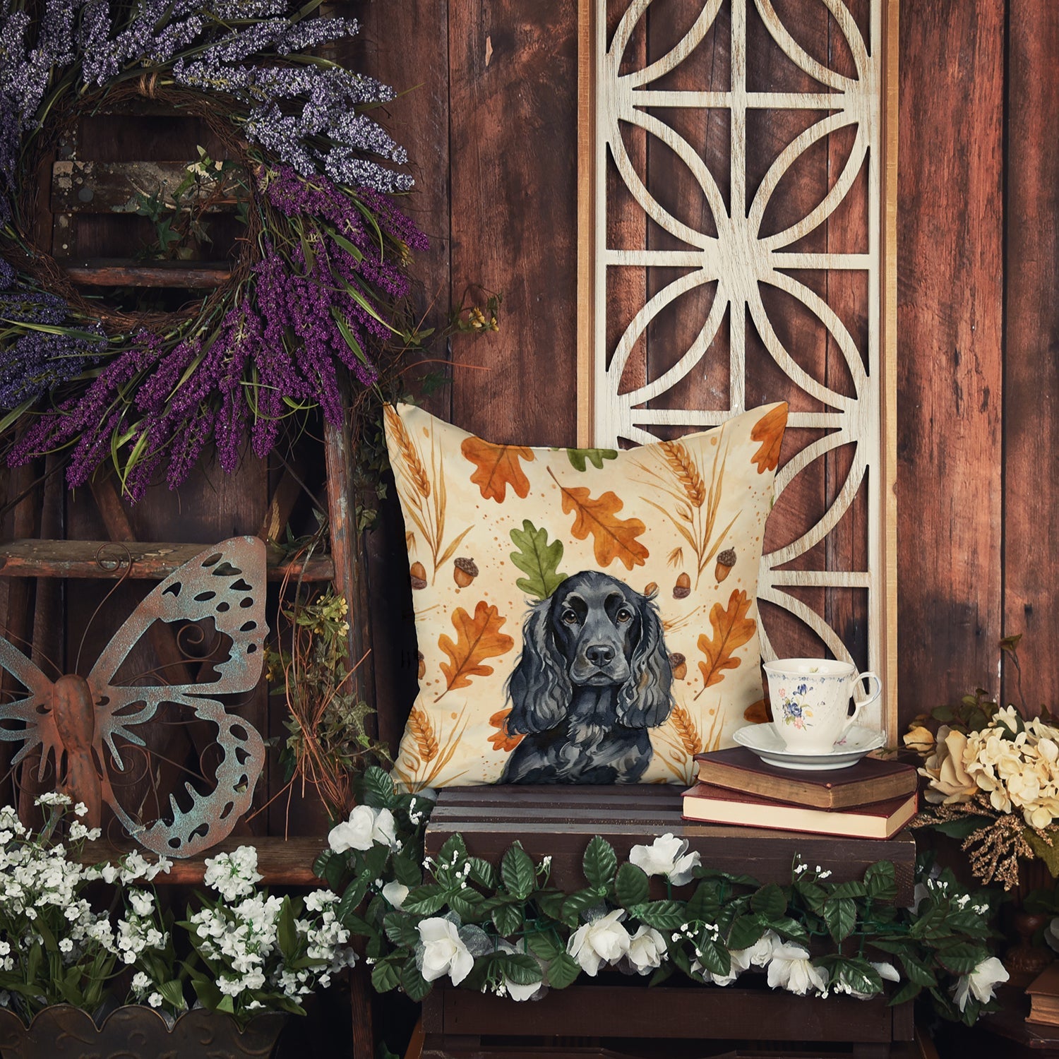 Black English Cocker Spaniel Heirloom Fall Decorative Throw Pillow 18x18 Indoor Outdoor Accent Cushion, Fabric Cover with Insert for Sofa, Bed, Porch & Living Room