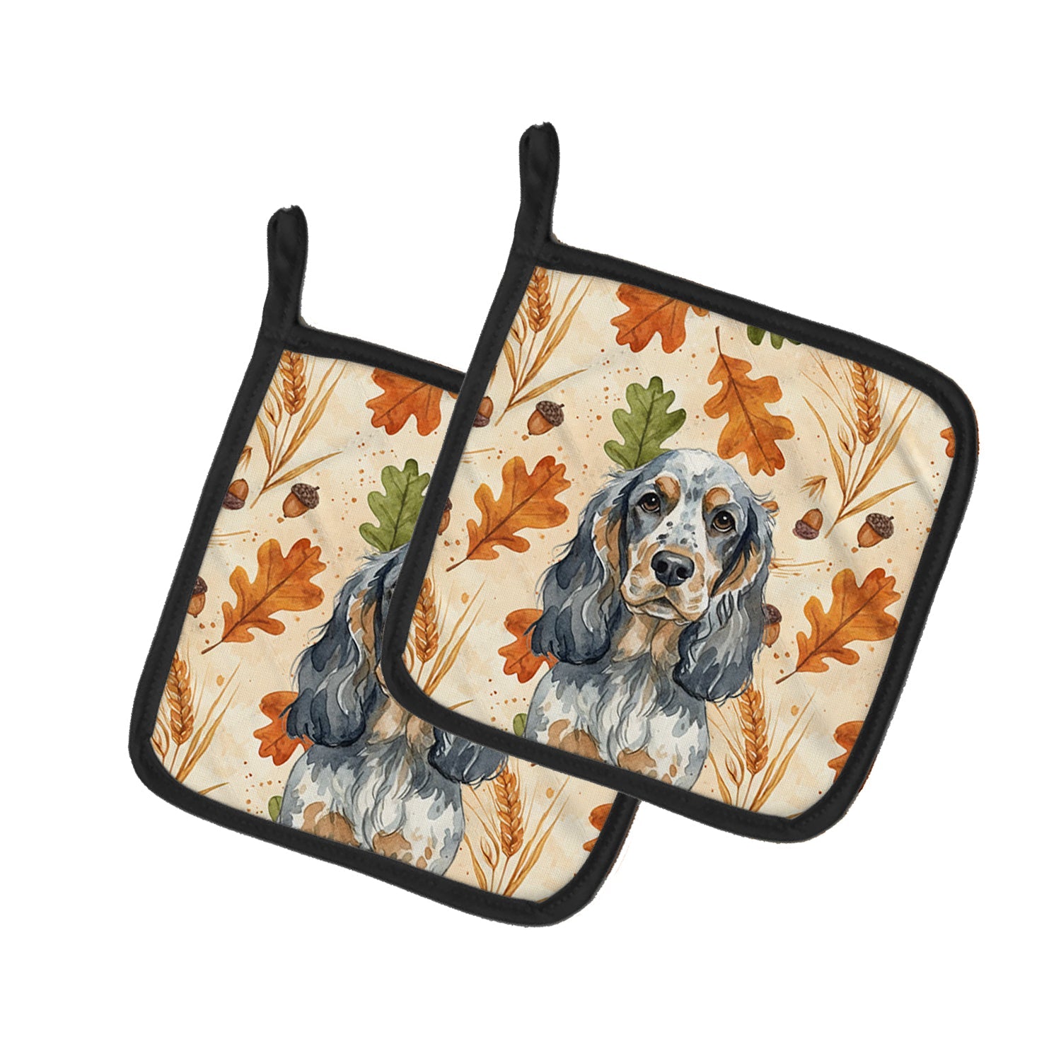 Blue Roan & Tan English Cocker Spaniel Heirloom Fall Pot Holder Set of 2 Heat Resistant Quilted Hot Pads 7.5 x 7.5 Inch, Insulated Kitchen Trivets for Cooking & Baking