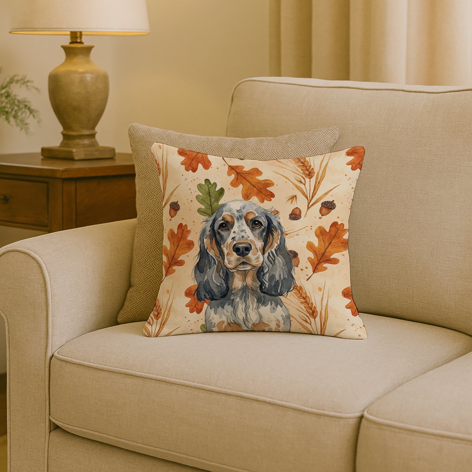 Blue Roan & Tan English Cocker Spaniel Heirloom Fall Decorative Throw Pillow 18x18 Indoor Outdoor Accent Cushion, Fabric Cover with Insert for Sofa, Bed, Porch & Living Room
