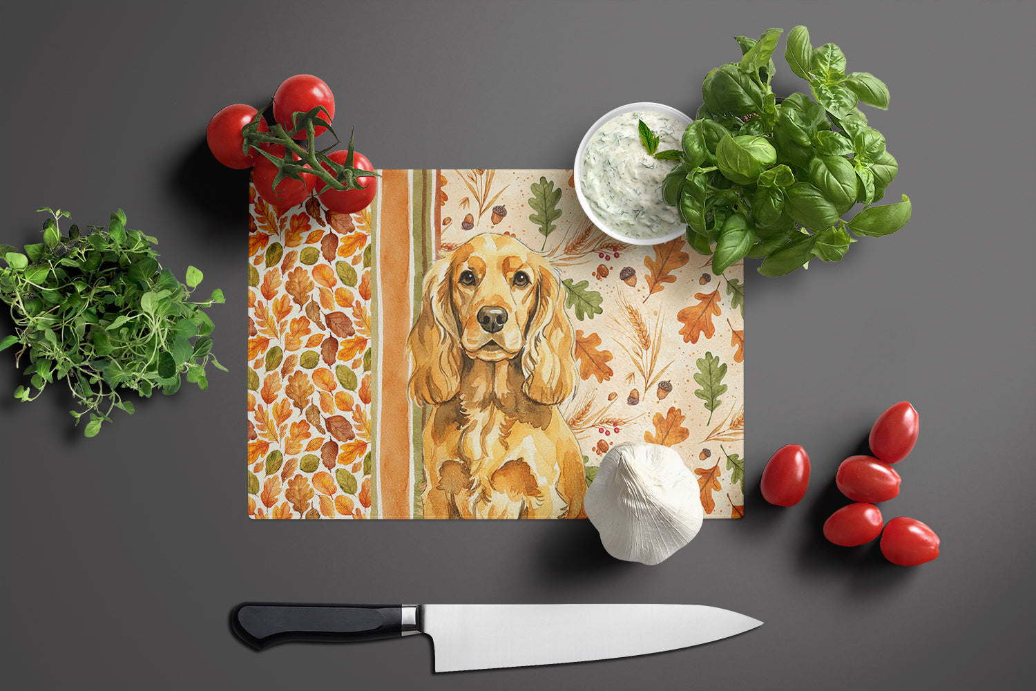 Golden English Cocker Spaniel Heirloom Fall Cutting Board Tempered Glass Kitchen Cutting Surface, Heat Resistant Chopping, Non-Slip Feet, Food Prep & Serving
