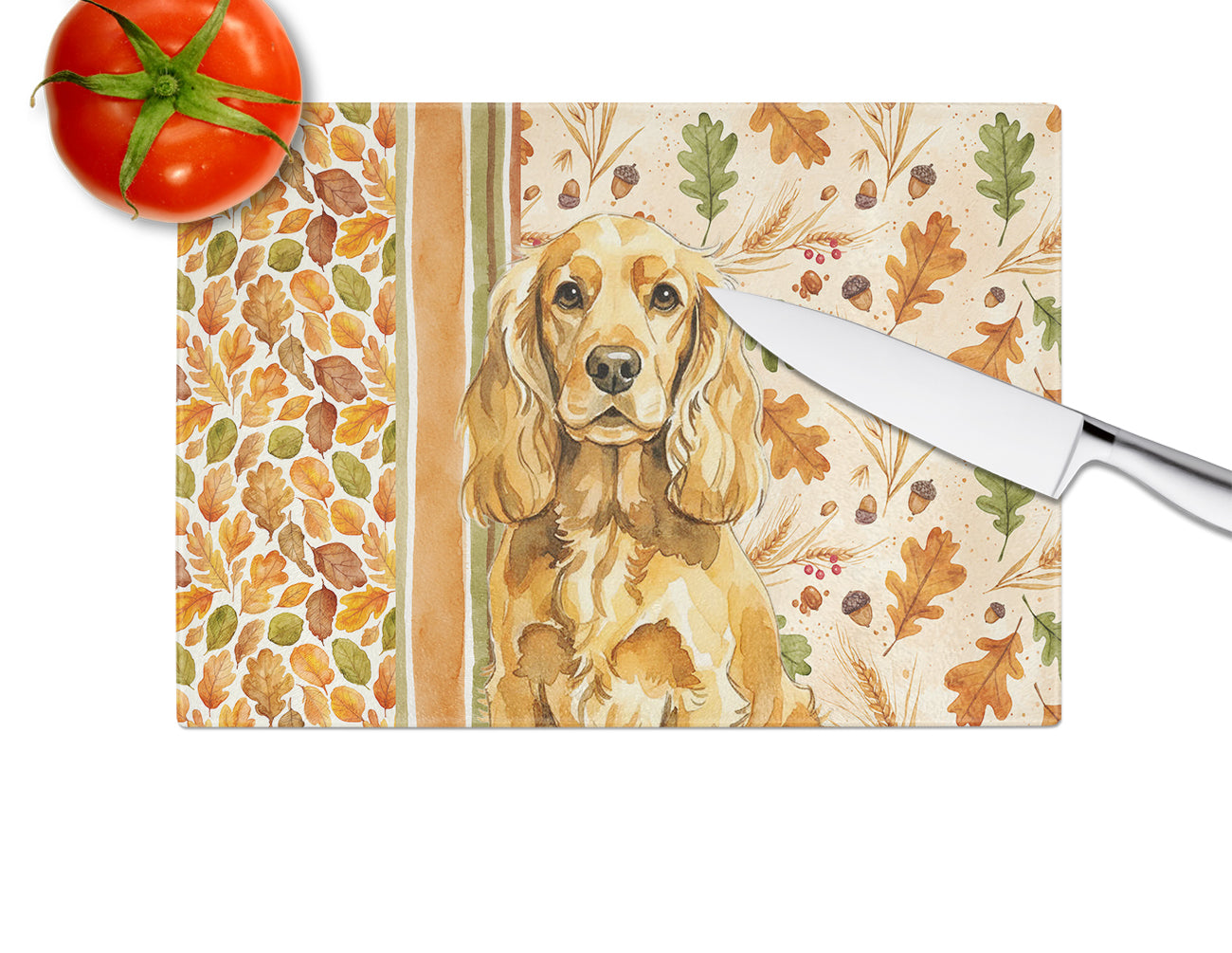 Golden English Cocker Spaniel Heirloom Fall Cutting Board Tempered Glass Kitchen Cutting Surface, Heat Resistant Chopping, Non-Slip Feet, Food Prep & Serving