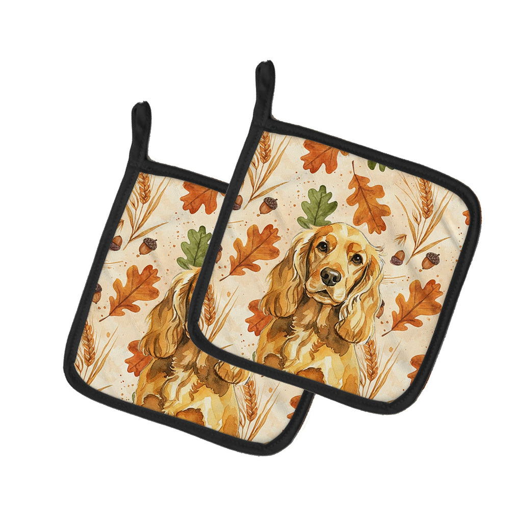 Golden English Cocker Spaniel Heirloom Fall Pot Holder Set of 2 Heat Resistant Quilted Hot Pads 7.5 x 7.5 Inch, Insulated Kitchen Trivets for Cooking & Baking