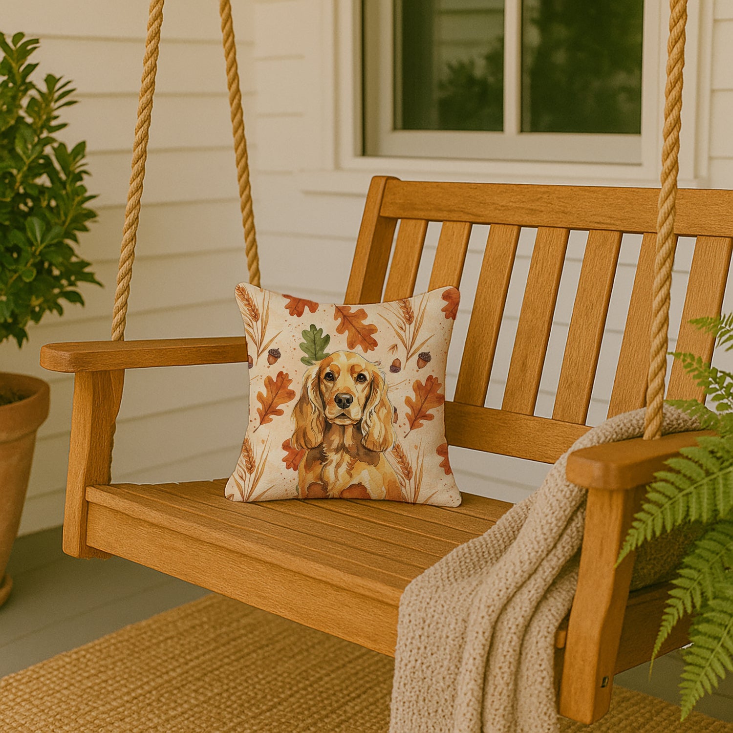 Golden English Cocker Spaniel Heirloom Fall Decorative Throw Pillow 14x14 Indoor Outdoor Accent Cushion, Fabric Cover with Insert for Sofa, Bed, Porch & Living Room