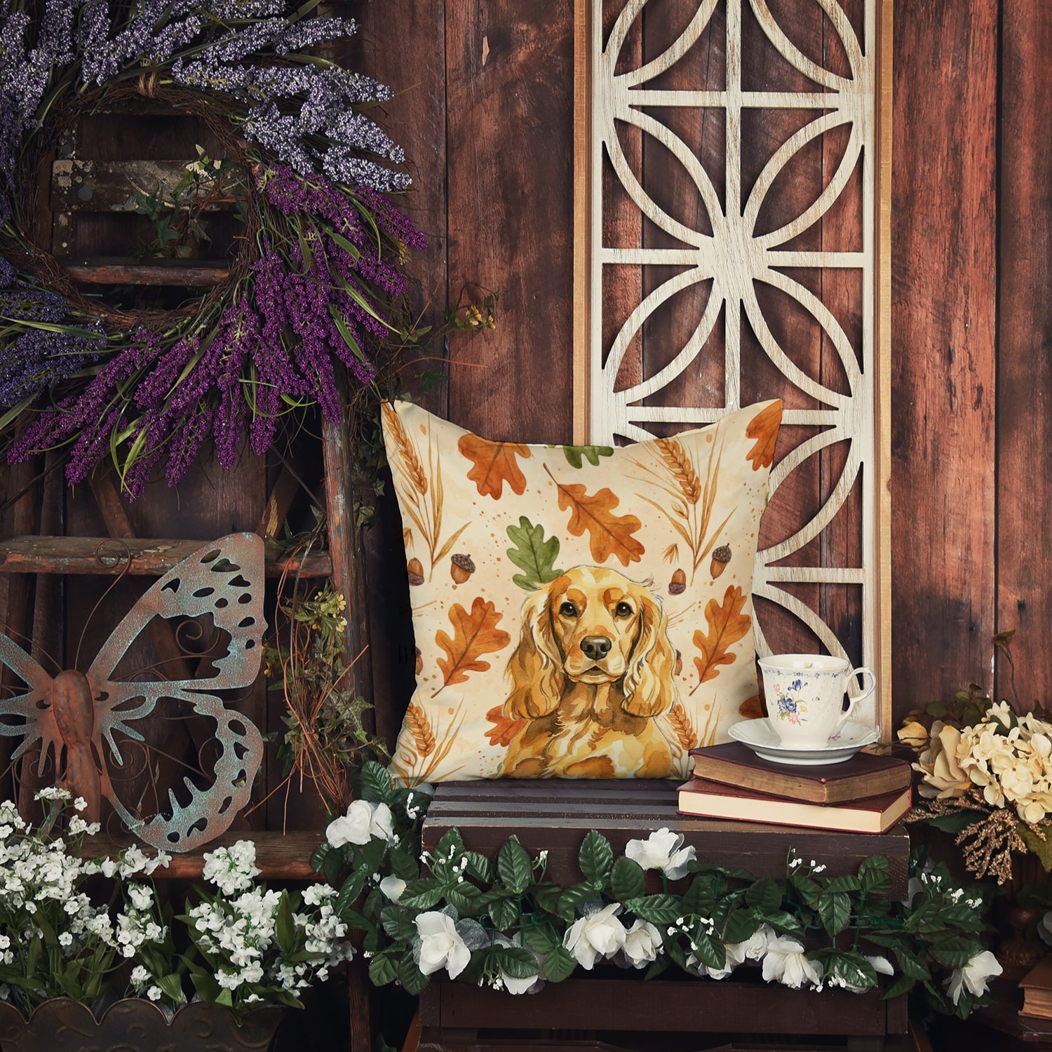 Golden English Cocker Spaniel Heirloom Fall Decorative Throw Pillow 18x18 Indoor Outdoor Accent Cushion, Fabric Cover with Insert for Sofa, Bed, Porch & Living Room