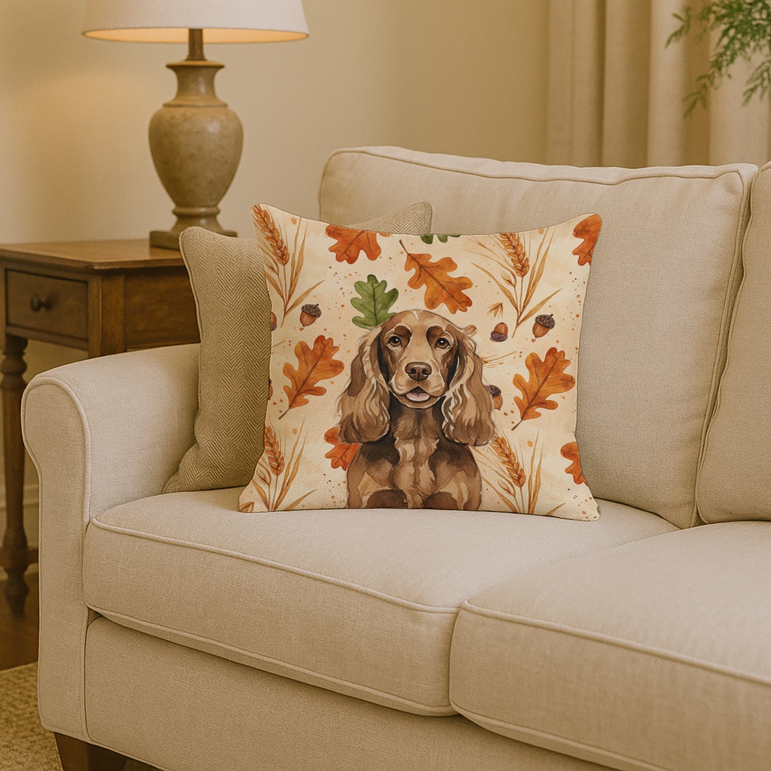 Liver English Cocker Spaniel Heirloom Fall Decorative Throw Pillow 14x14 Indoor Outdoor Accent Cushion, Fabric Cover with Insert for Sofa, Bed, Porch & Living Room