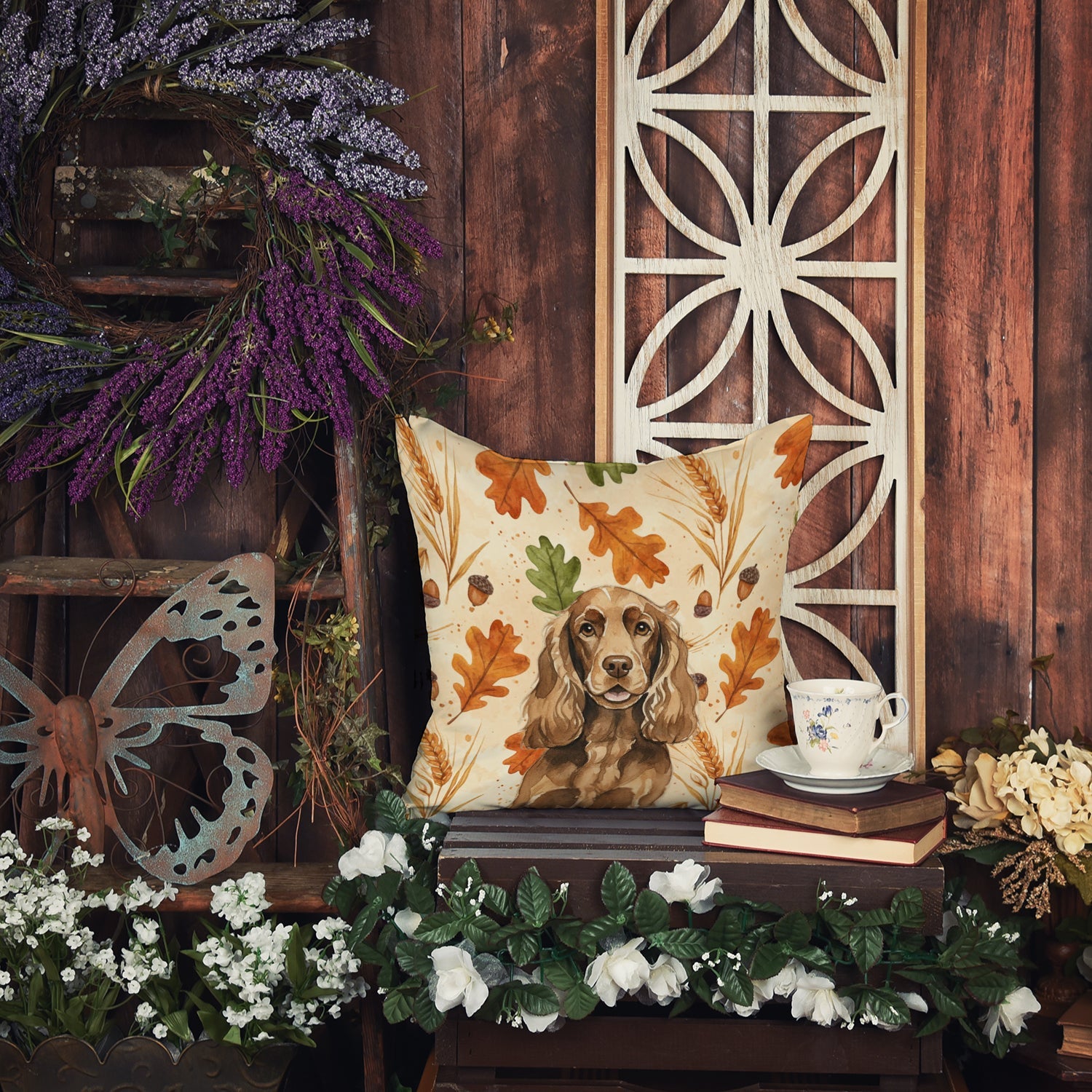 Liver English Cocker Spaniel Heirloom Fall Decorative Throw Pillow 14x14 Indoor Outdoor Accent Cushion, Fabric Cover with Insert for Sofa, Bed, Porch & Living Room