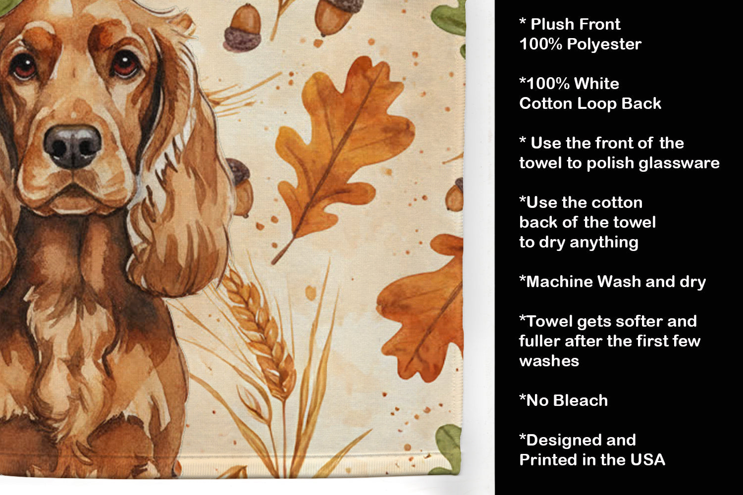 Red English Cocker Spaniel Heirloom Fall Kitchen Towel Velour Plush Front and Cotton Loop Back Machine Washable