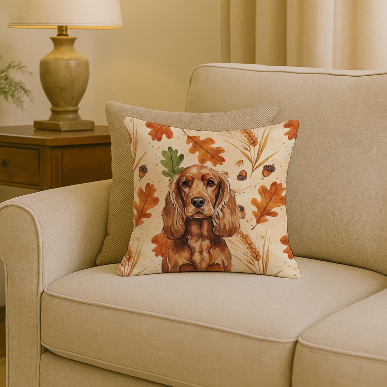 Red English Cocker Spaniel Heirloom Fall Decorative Throw Pillow 18x18 Indoor Outdoor Accent Cushion, Fabric Cover with Insert for Sofa, Bed, Porch & Living Room