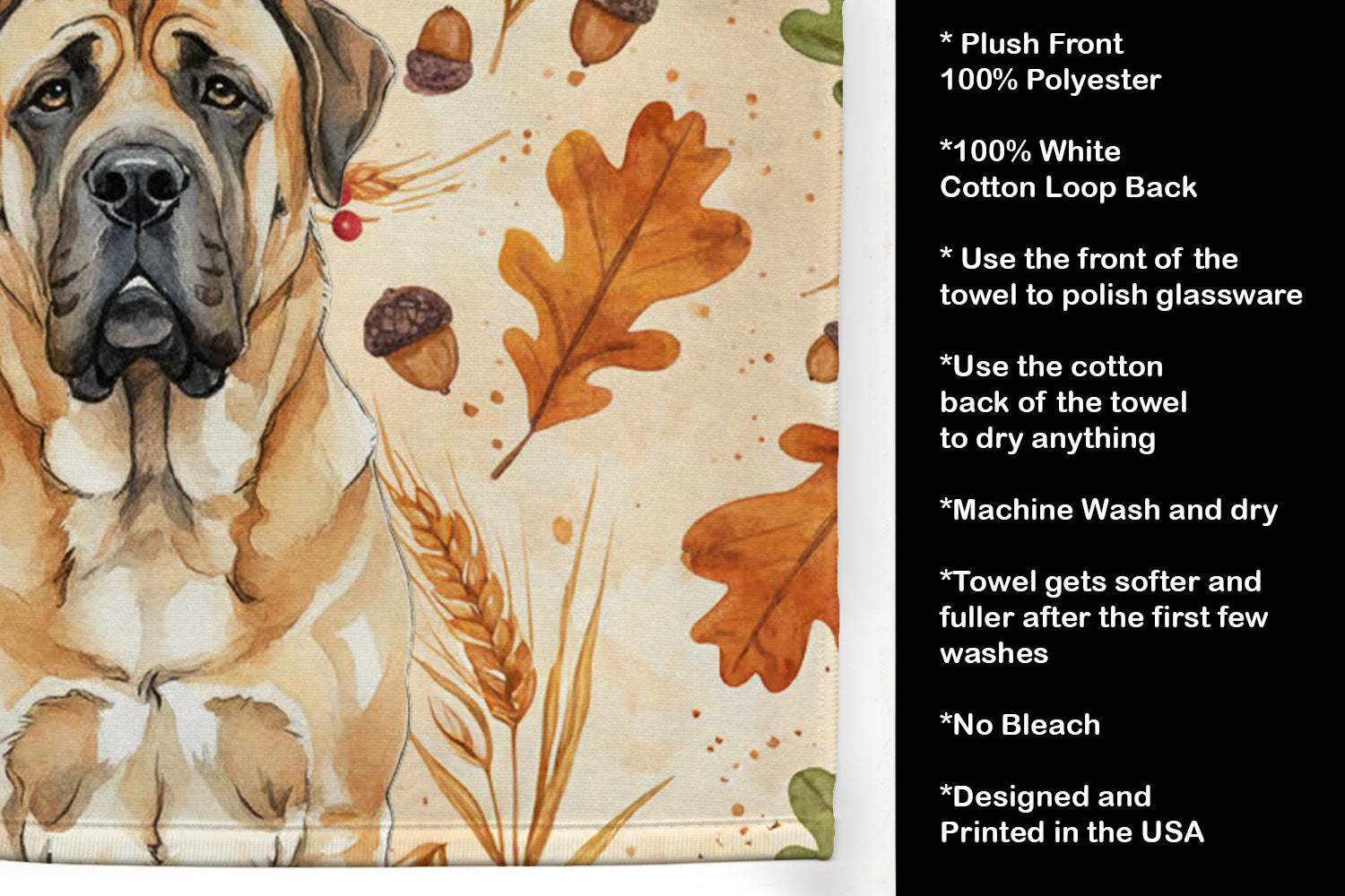 Apricot English Mastiff Heirloom Fall Kitchen Towel Velour Plush Front and Cotton Loop Back Machine Washable