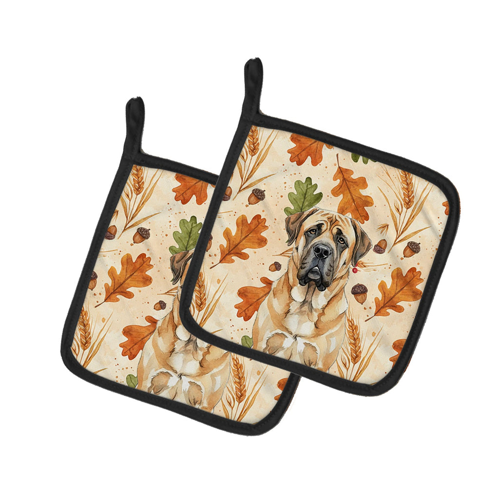 Apricot English Mastiff Heirloom Fall Pot Holder Set of 2 Heat Resistant Quilted Hot Pads 7.5 x 7.5 Inch, Insulated Kitchen Trivets for Cooking & Baking