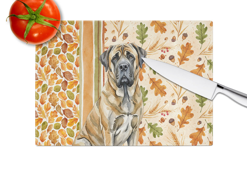 Brindle English Mastiff Heirloom Fall Cutting Board Tempered Glass Kitchen Cutting Surface, Heat Resistant Chopping, Non-Slip Feet, Food Prep & Serving