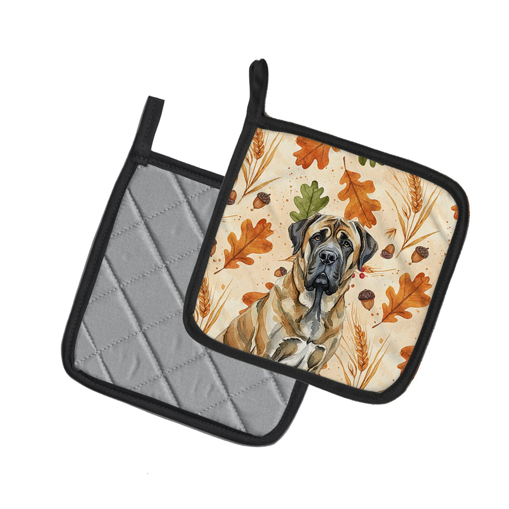 Brindle English Mastiff Heirloom Fall Pot Holder Set of 2 Heat Resistant Quilted Hot Pads 7.5 x 7.5 Inch, Insulated Kitchen Trivets for Cooking & Baking