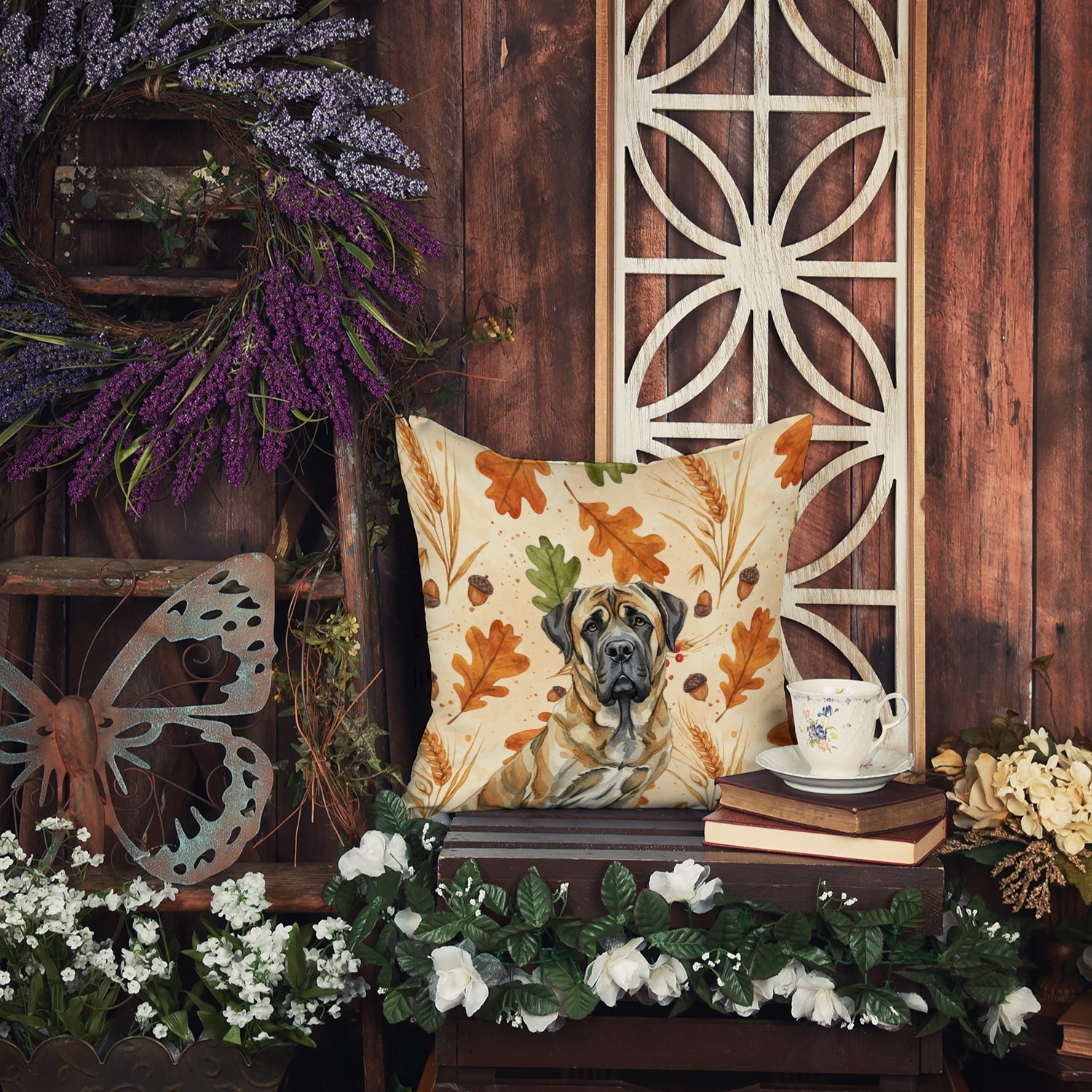 Brindle English Mastiff Heirloom Fall Decorative Throw Pillow 14x14 Indoor Outdoor Accent Cushion, Fabric Cover with Insert for Sofa, Bed, Porch & Living Room