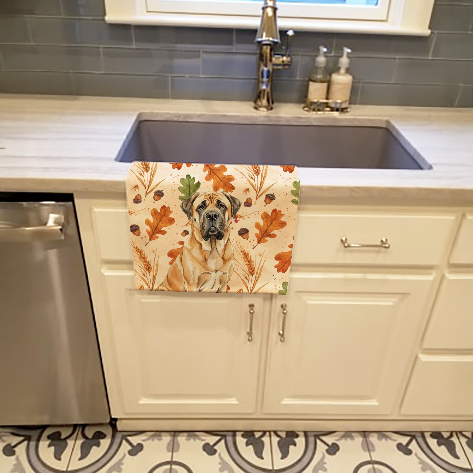 Fawn English Mastiff Heirloom Fall Kitchen Towel Velour Plush Front and Cotton Loop Back Machine Washable