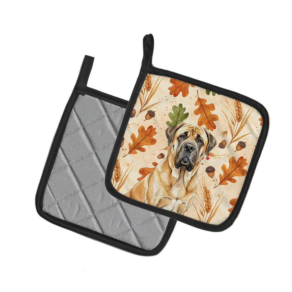 Fawn English Mastiff Heirloom Fall Pot Holder Set of 2 Heat Resistant Quilted Hot Pads 7.5 x 7.5 Inch, Insulated Kitchen Trivets for Cooking & Baking