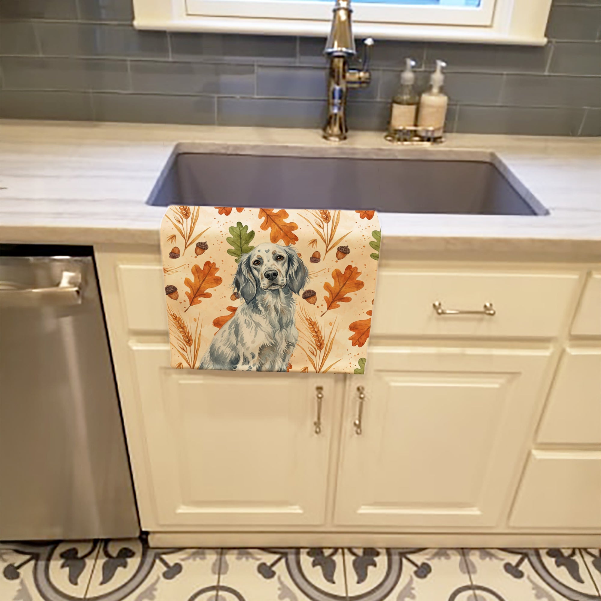 Blue Belton English Setter Heirloom Fall Kitchen Towel Velour Plush Front and Cotton Loop Back Machine Washable