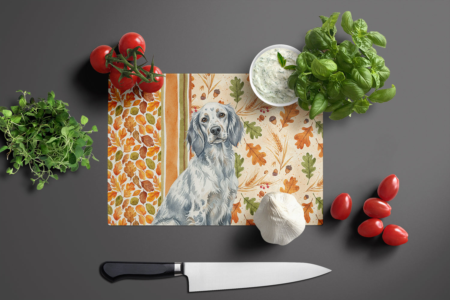 Blue Belton English Setter Heirloom Fall Cutting Board Tempered Glass Kitchen Cutting Surface, Heat Resistant Chopping, Non-Slip Feet, Food Prep & Serving