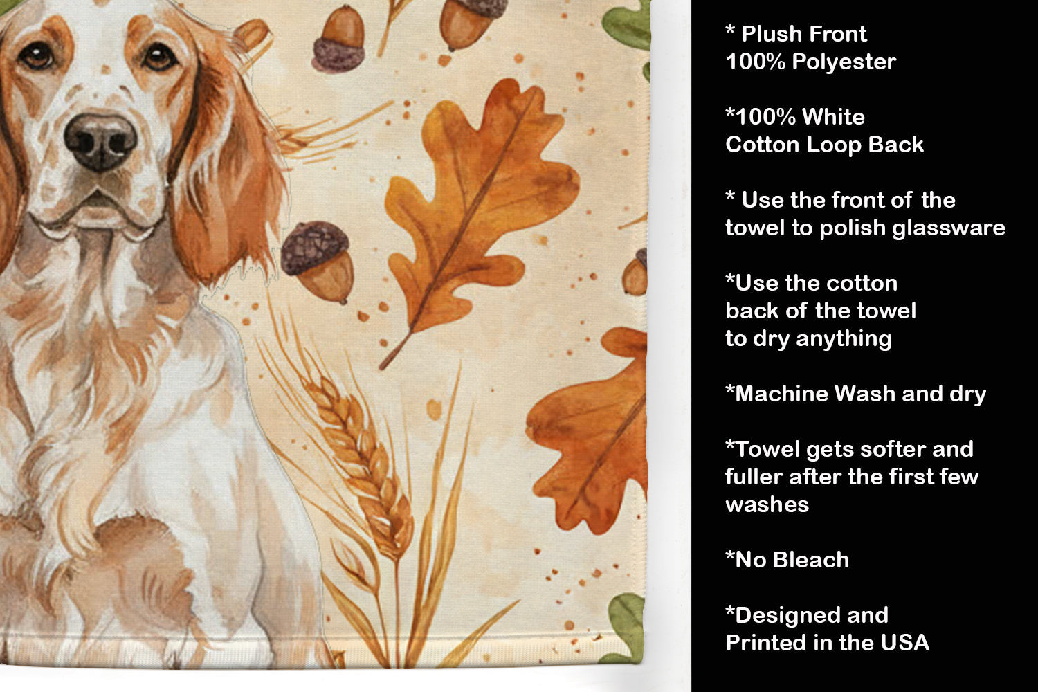 Orange Belton English Setter Heirloom Fall Kitchen Towel Velour Plush Front and Cotton Loop Back Machine Washable
