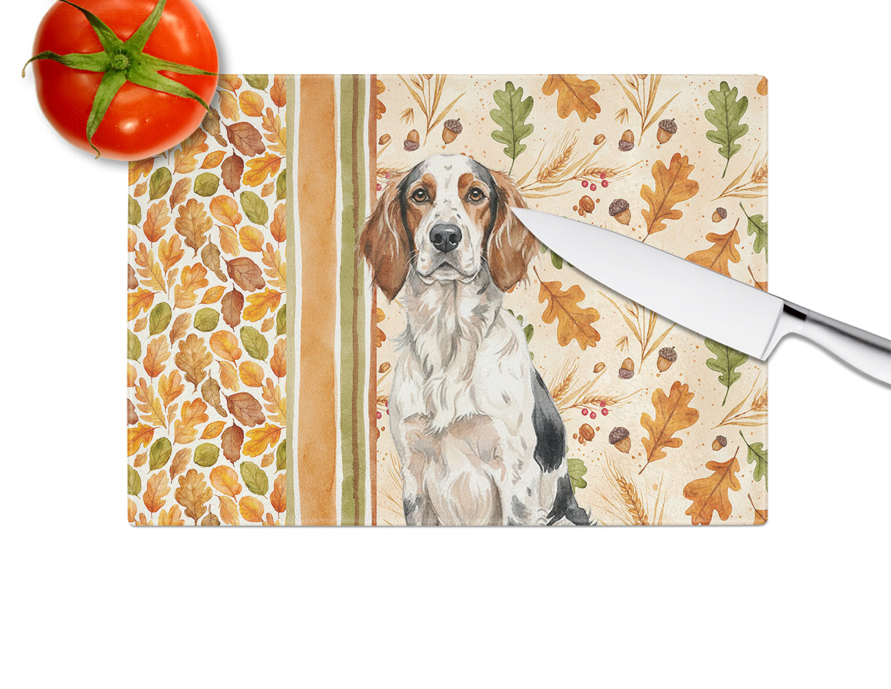 Tricolor English Setter Heirloom Fall Cutting Board Tempered Glass Kitchen Cutting Surface, Heat Resistant Chopping, Non-Slip Feet, Food Prep & Serving