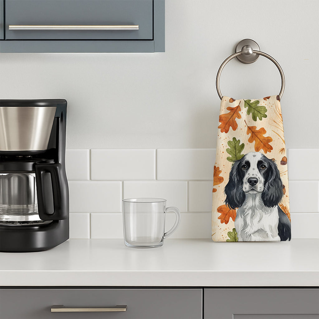 Black and White English Springer Spaniel Heirloom Fall Kitchen Towel Velour Plush Front and Cotton Loop Back Machine Washable