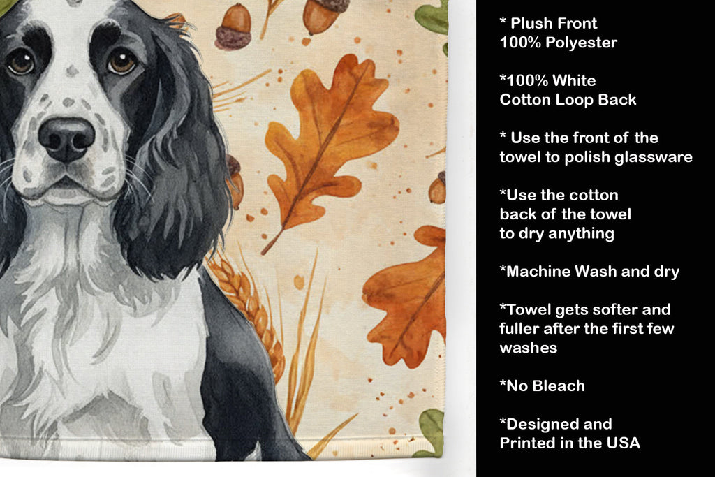 Black and White English Springer Spaniel Heirloom Fall Kitchen Towel Velour Plush Front and Cotton Loop Back Machine Washable