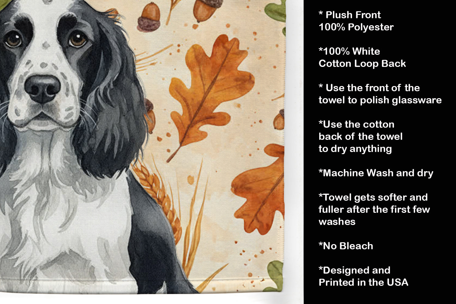 Black and White English Springer Spaniel Heirloom Fall Kitchen Towel Velour Plush Front and Cotton Loop Back Machine Washable