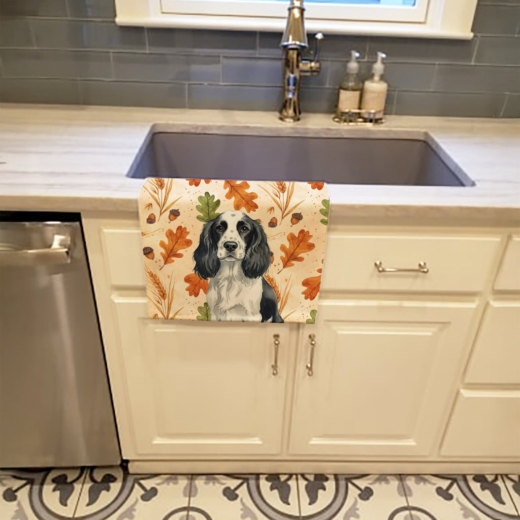 Black and White English Springer Spaniel Heirloom Fall Kitchen Towel Velour Plush Front and Cotton Loop Back Machine Washable