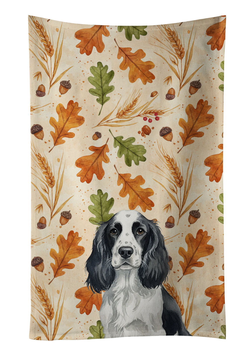 Black and White English Springer Spaniel Heirloom Fall Kitchen Towel Velour Plush Front and Cotton Loop Back Machine Washable