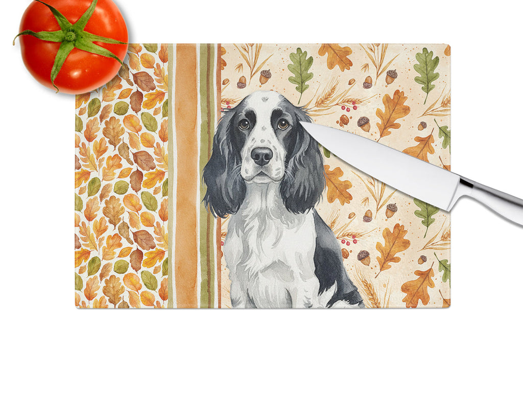 Black and White English Springer Spaniel Heirloom Fall Cutting Board Tempered Glass Kitchen Cutting Surface, Heat Resistant Chopping, Non-Slip Feet, Food Prep & Serving