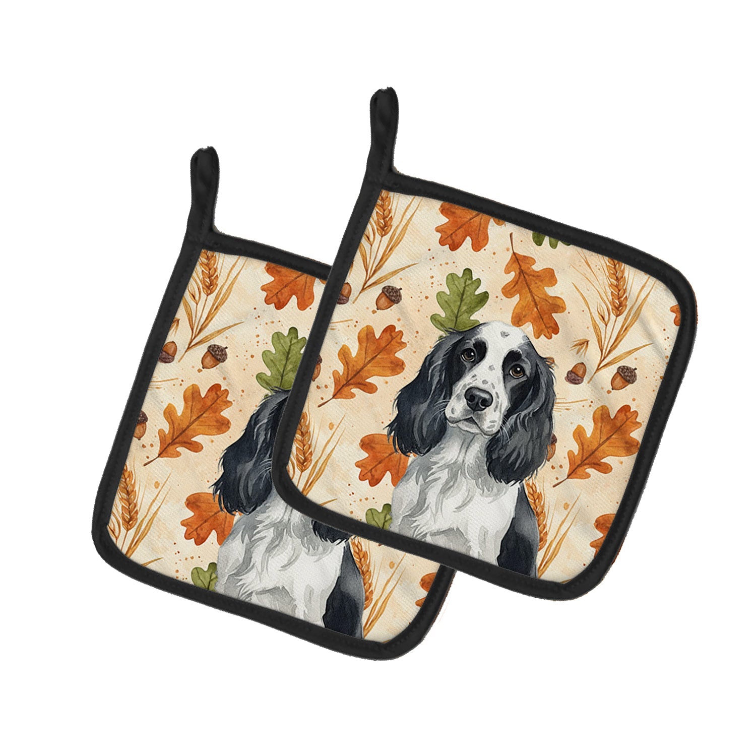 Black and White English Springer Spaniel Heirloom Fall Pot Holder Set of 2 Heat Resistant Quilted Hot Pads 7.5 x 7.5 Inch, Insulated Kitchen Trivets for Cooking & Baking