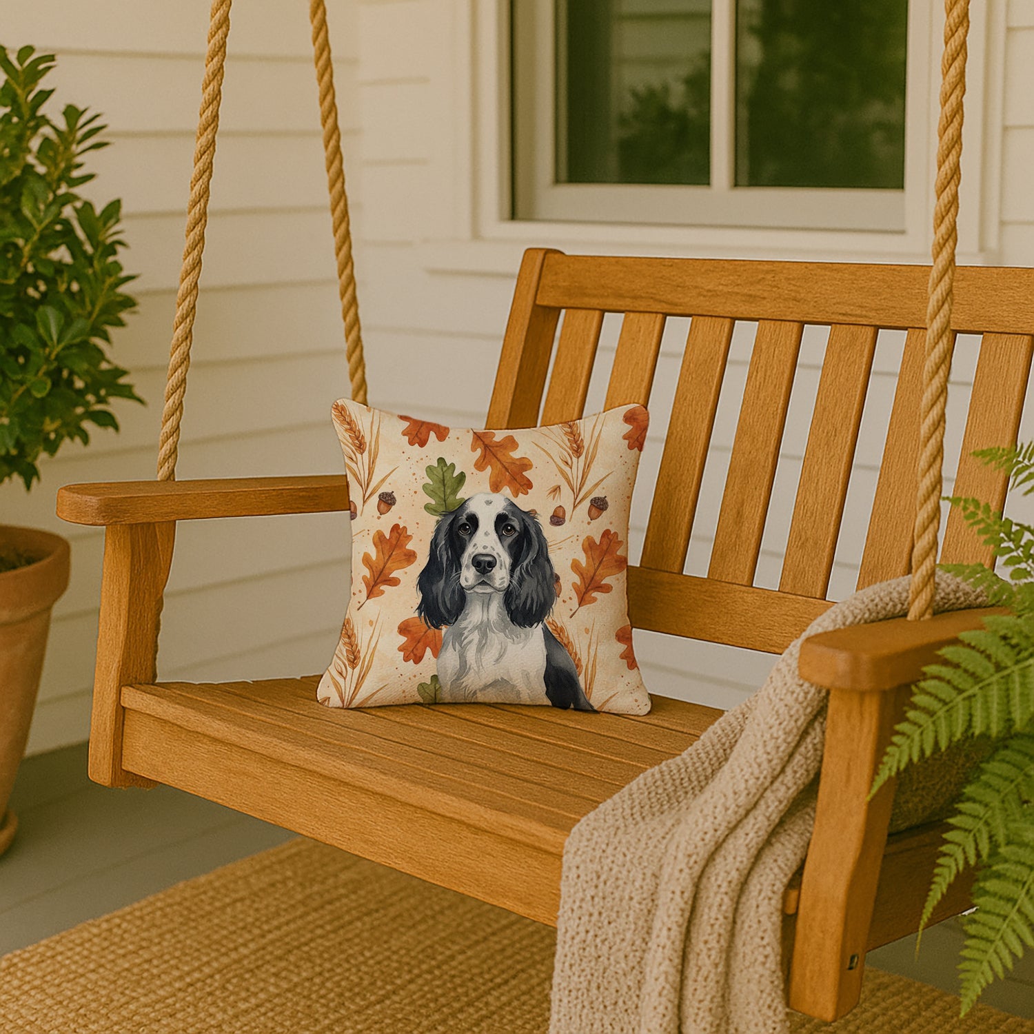 Black and White English Springer Spaniel Heirloom Fall Decorative Throw Pillow 14x14 Indoor Outdoor Accent Cushion, Fabric Cover with Insert for Sofa, Bed, Porch & Living Room