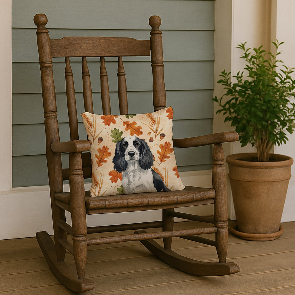 Black and White English Springer Spaniel Heirloom Fall Decorative Throw Pillow 14x14 Indoor Outdoor Accent Cushion, Fabric Cover with Insert for Sofa, Bed, Porch & Living Room