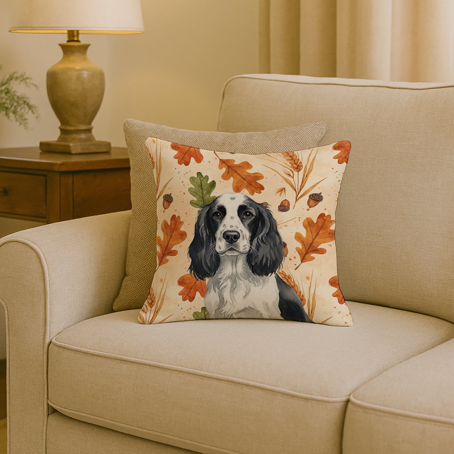 Black and White English Springer Spaniel Heirloom Fall Decorative Throw Pillow 18x18 Indoor Outdoor Accent Cushion, Fabric Cover with Insert for Sofa, Bed, Porch & Living Room
