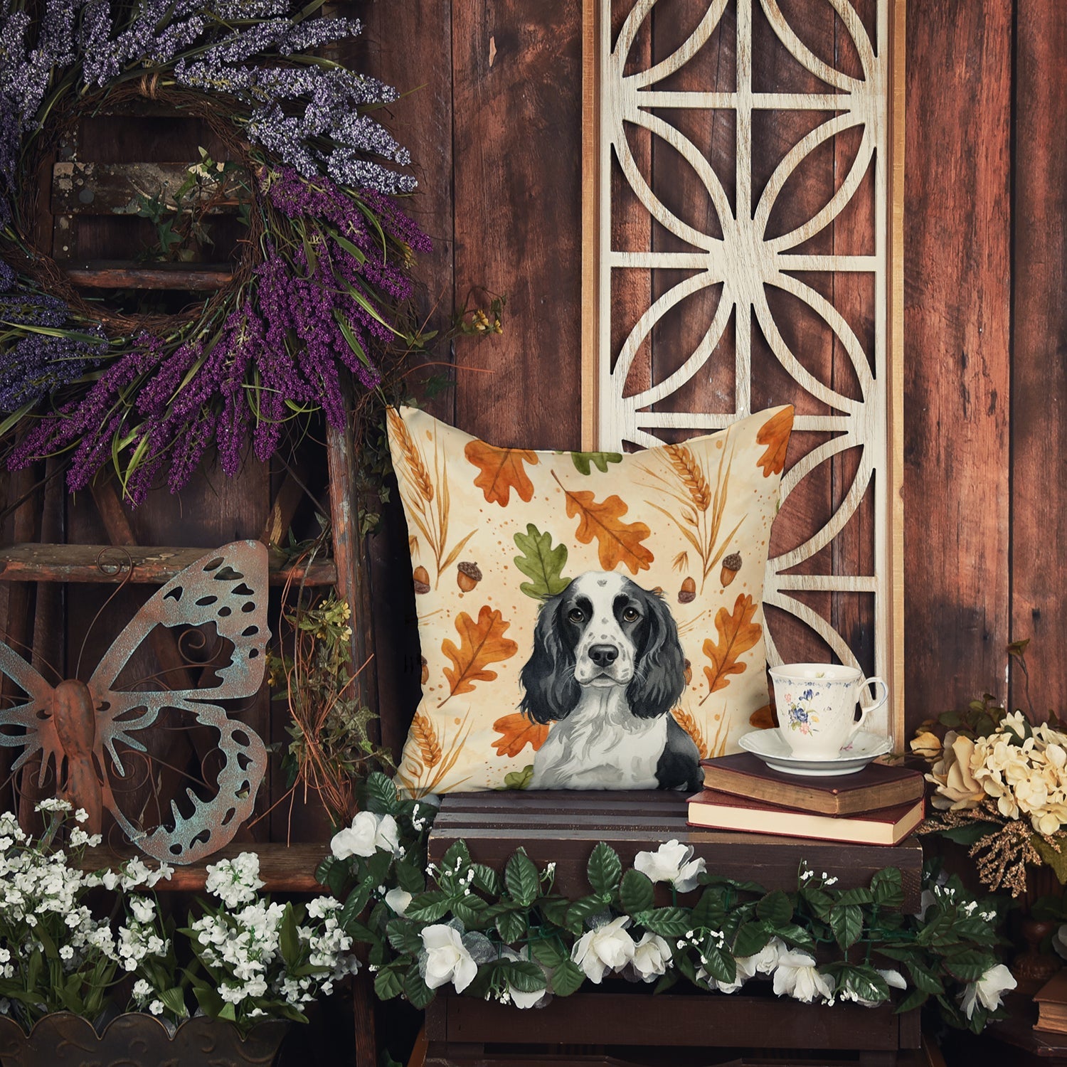 Black and White English Springer Spaniel Heirloom Fall Decorative Throw Pillow 18x18 Indoor Outdoor Accent Cushion, Fabric Cover with Insert for Sofa, Bed, Porch & Living Room