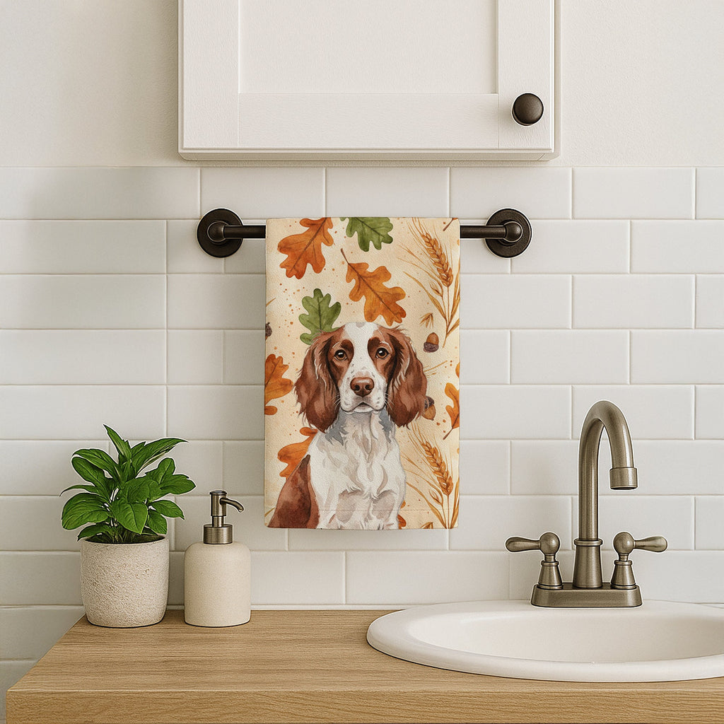 Liver and White English Springer Spaniel Heirloom Fall Kitchen Towel Velour Plush Front and Cotton Loop Back Machine Washable
