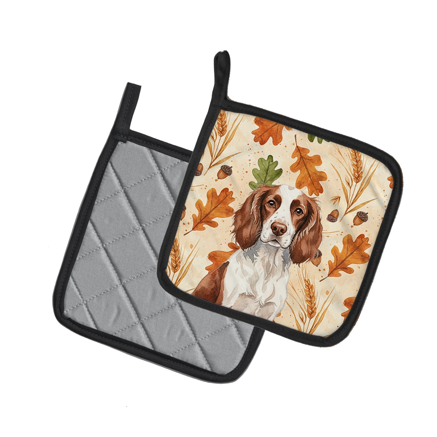 Liver and White English Springer Spaniel Heirloom Fall Pot Holder Set of 2 Heat Resistant Quilted Hot Pads 7.5 x 7.5 Inch, Insulated Kitchen Trivets for Cooking & Baking