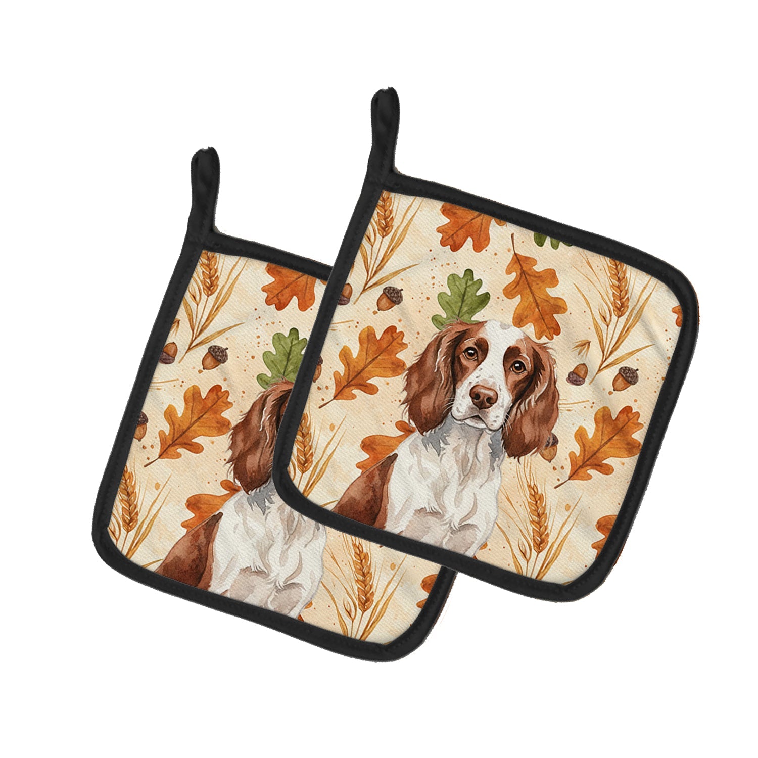 Liver and White English Springer Spaniel Heirloom Fall Pot Holder Set of 2 Heat Resistant Quilted Hot Pads 7.5 x 7.5 Inch, Insulated Kitchen Trivets for Cooking & Baking