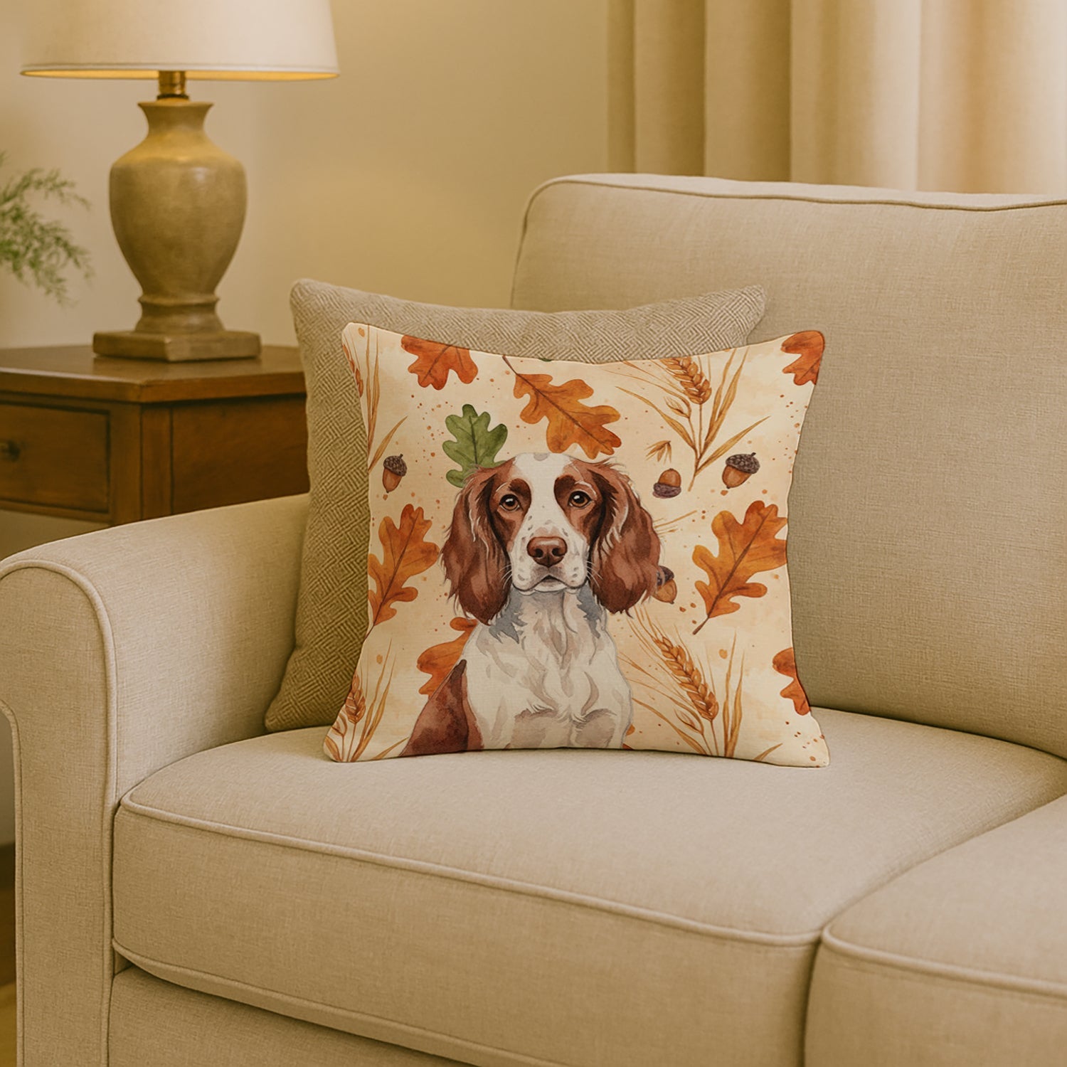 Liver and White English Springer Spaniel Heirloom Fall Decorative Throw Pillow 18x18 Indoor Outdoor Accent Cushion, Fabric Cover with Insert for Sofa, Bed, Porch & Living Room