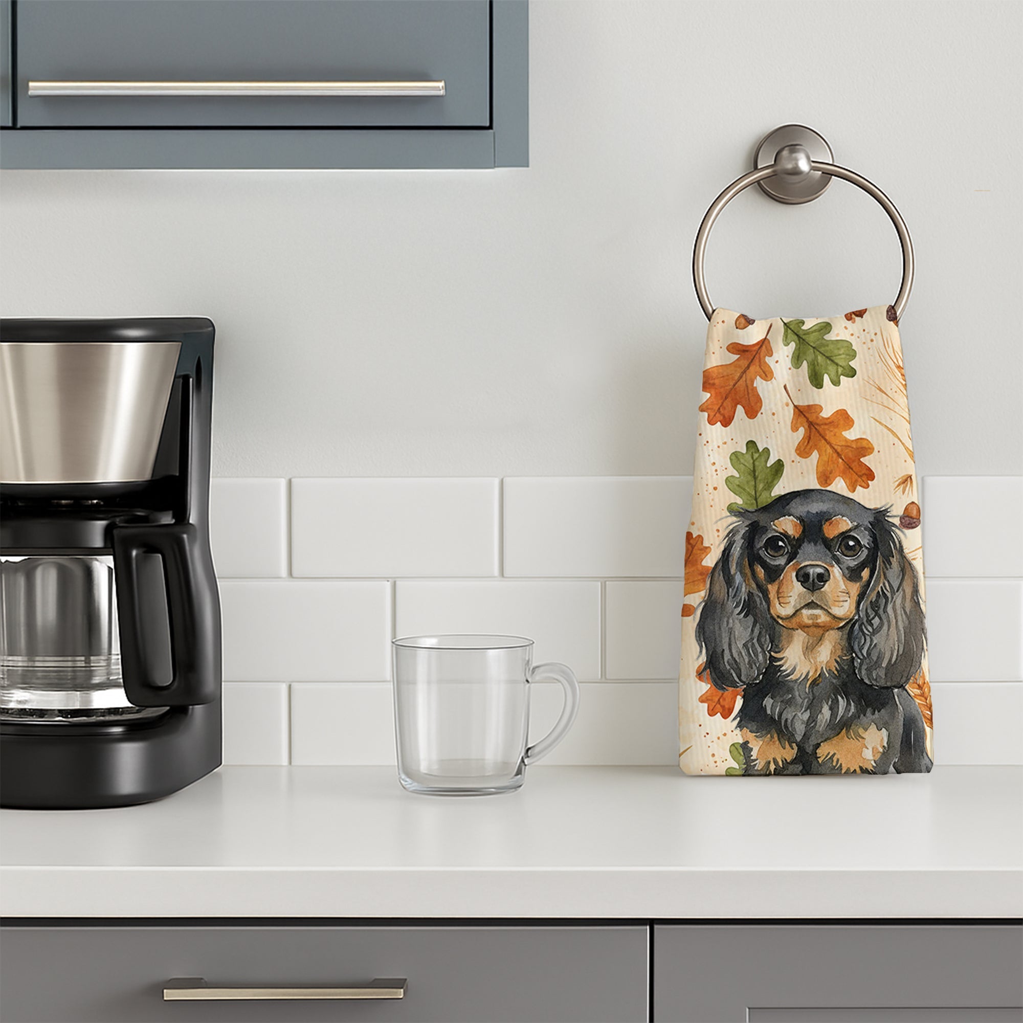 Black and Tan English Toy Spaniel Heirloom Fall Kitchen Towel Velour Plush Front and Cotton Loop Back Machine Washable