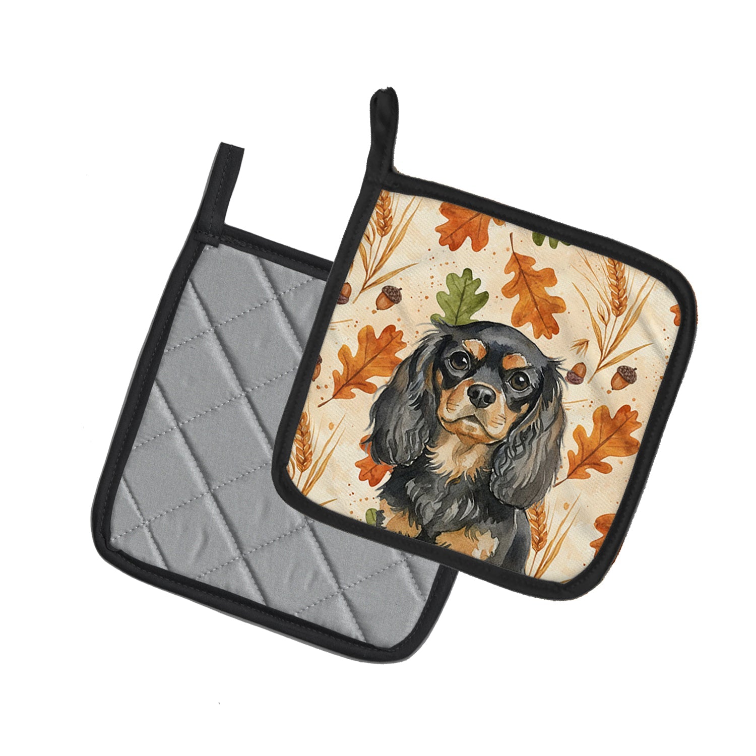 Black and Tan English Toy Spaniel Heirloom Fall Pot Holder Set of 2 Heat Resistant Quilted Hot Pads 7.5 x 7.5 Inch, Insulated Kitchen Trivets for Cooking & Baking