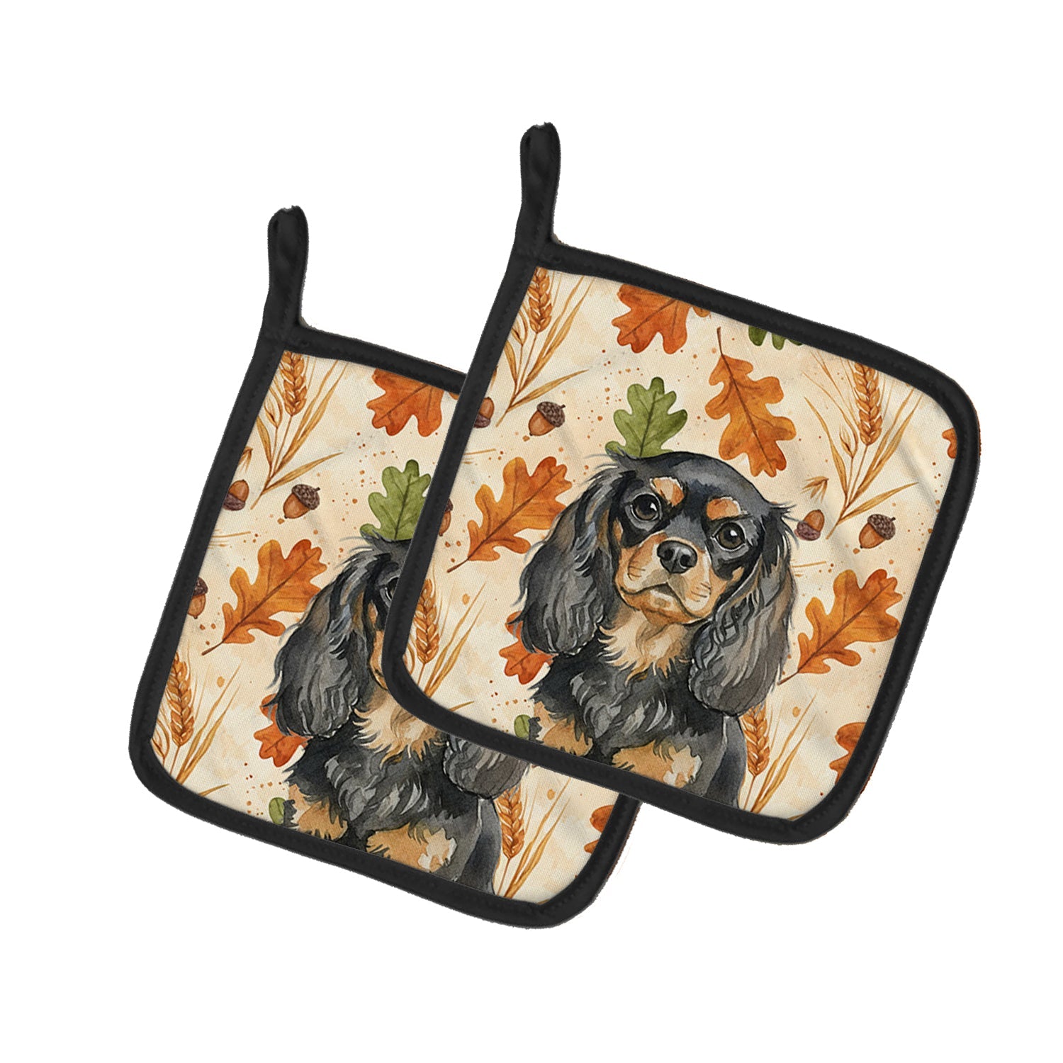 Black and Tan English Toy Spaniel Heirloom Fall Pot Holder Set of 2 Heat Resistant Quilted Hot Pads 7.5 x 7.5 Inch, Insulated Kitchen Trivets for Cooking & Baking