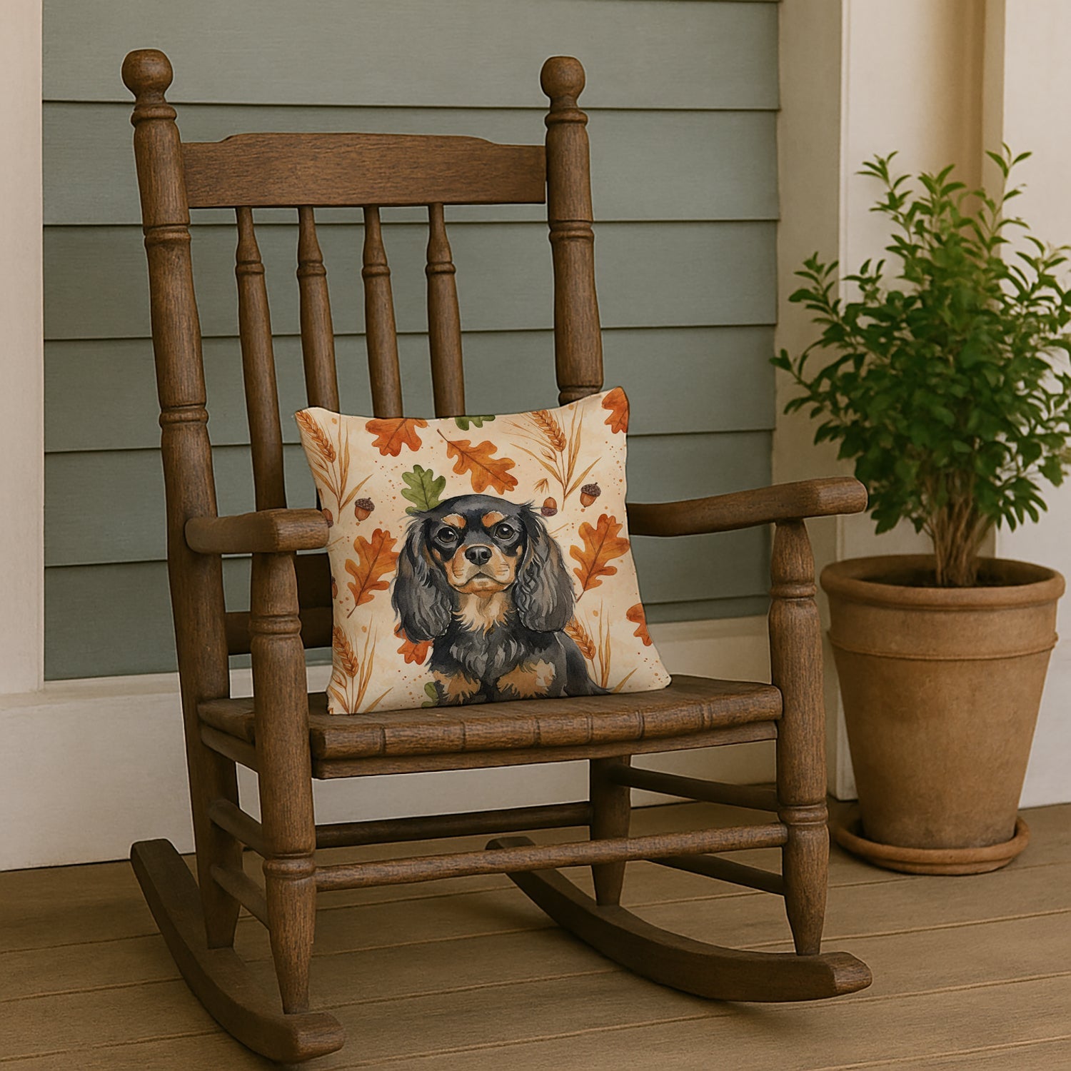 Black and Tan English Toy Spaniel Heirloom Fall Decorative Throw Pillow 14x14 Indoor Outdoor Accent Cushion, Fabric Cover with Insert for Sofa, Bed, Porch & Living Room