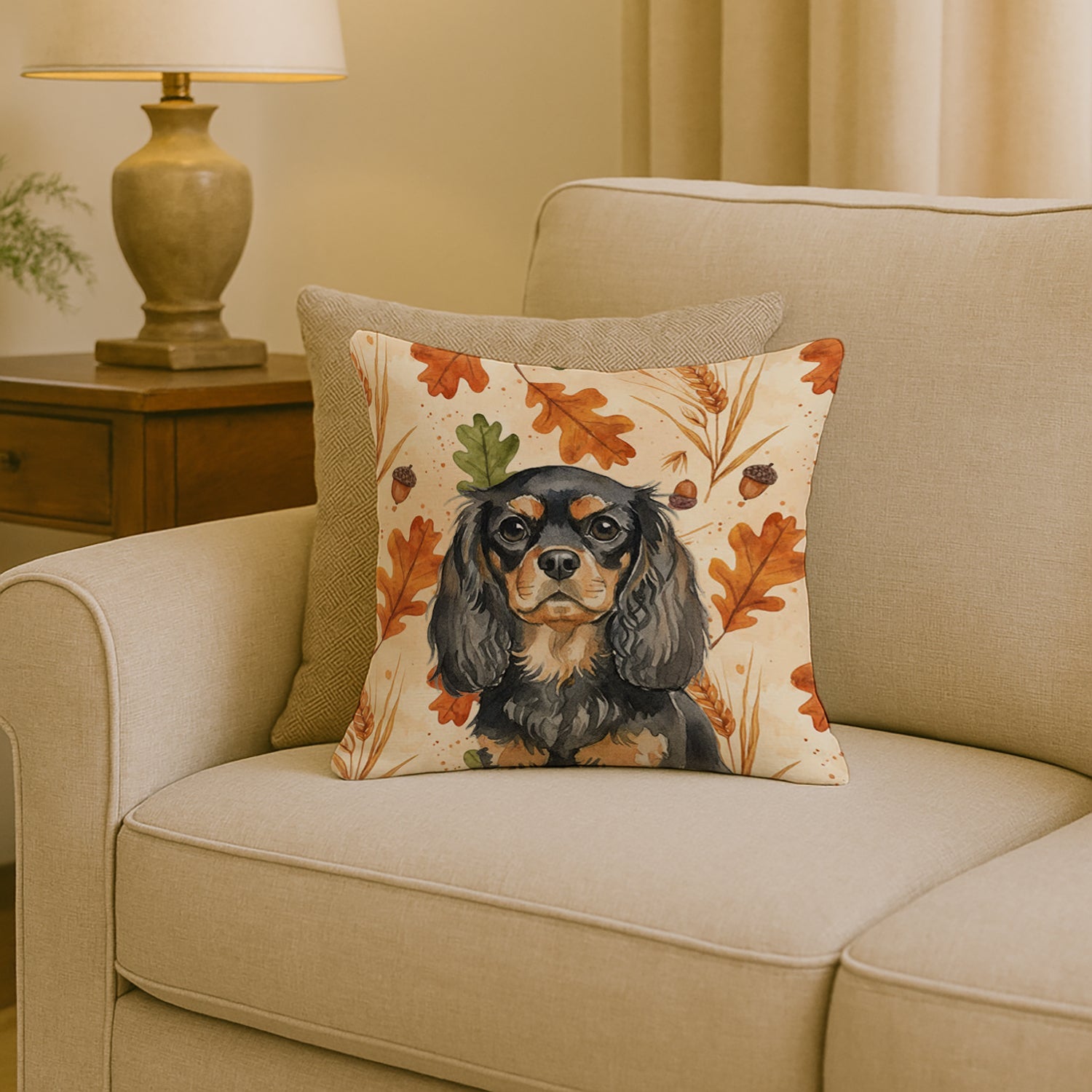 Black and Tan English Toy Spaniel Heirloom Fall Decorative Throw Pillow 18x18 Indoor Outdoor Accent Cushion, Fabric Cover with Insert for Sofa, Bed, Porch & Living Room