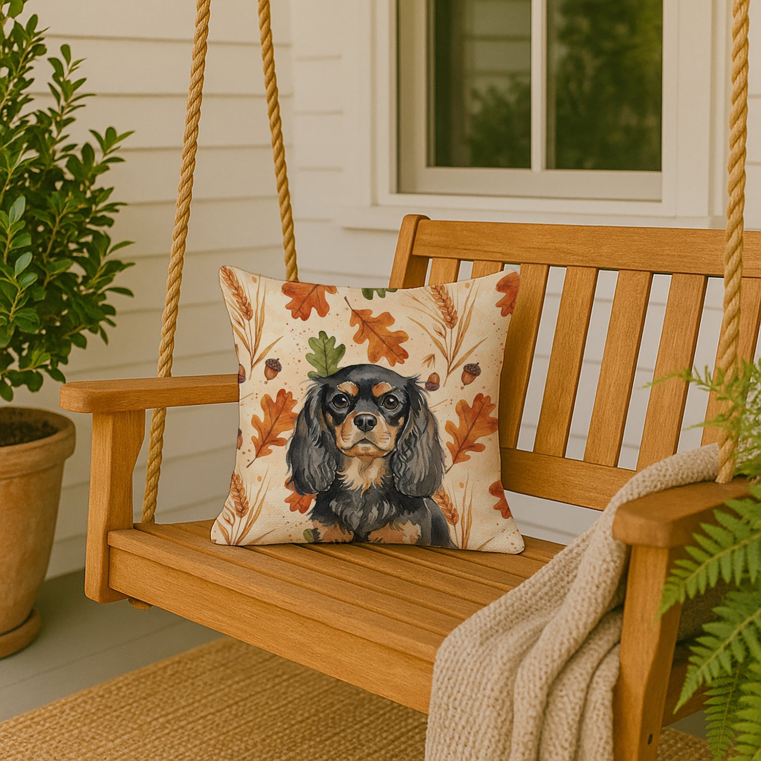 Black and Tan English Toy Spaniel Heirloom Fall Decorative Throw Pillow 18x18 Indoor Outdoor Accent Cushion, Fabric Cover with Insert for Sofa, Bed, Porch & Living Room