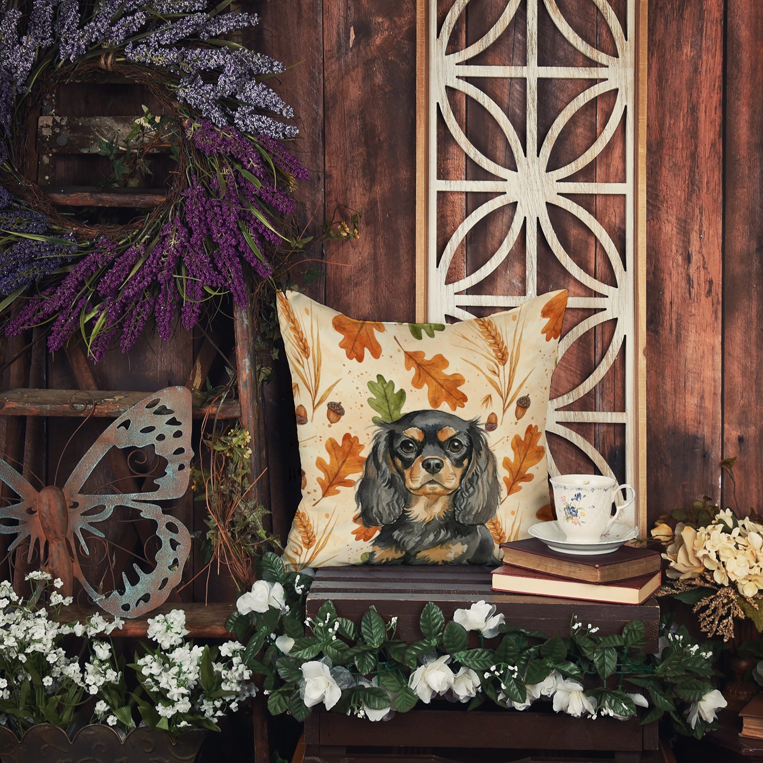 Black and Tan English Toy Spaniel Heirloom Fall Decorative Throw Pillow 18x18 Indoor Outdoor Accent Cushion, Fabric Cover with Insert for Sofa, Bed, Porch & Living Room